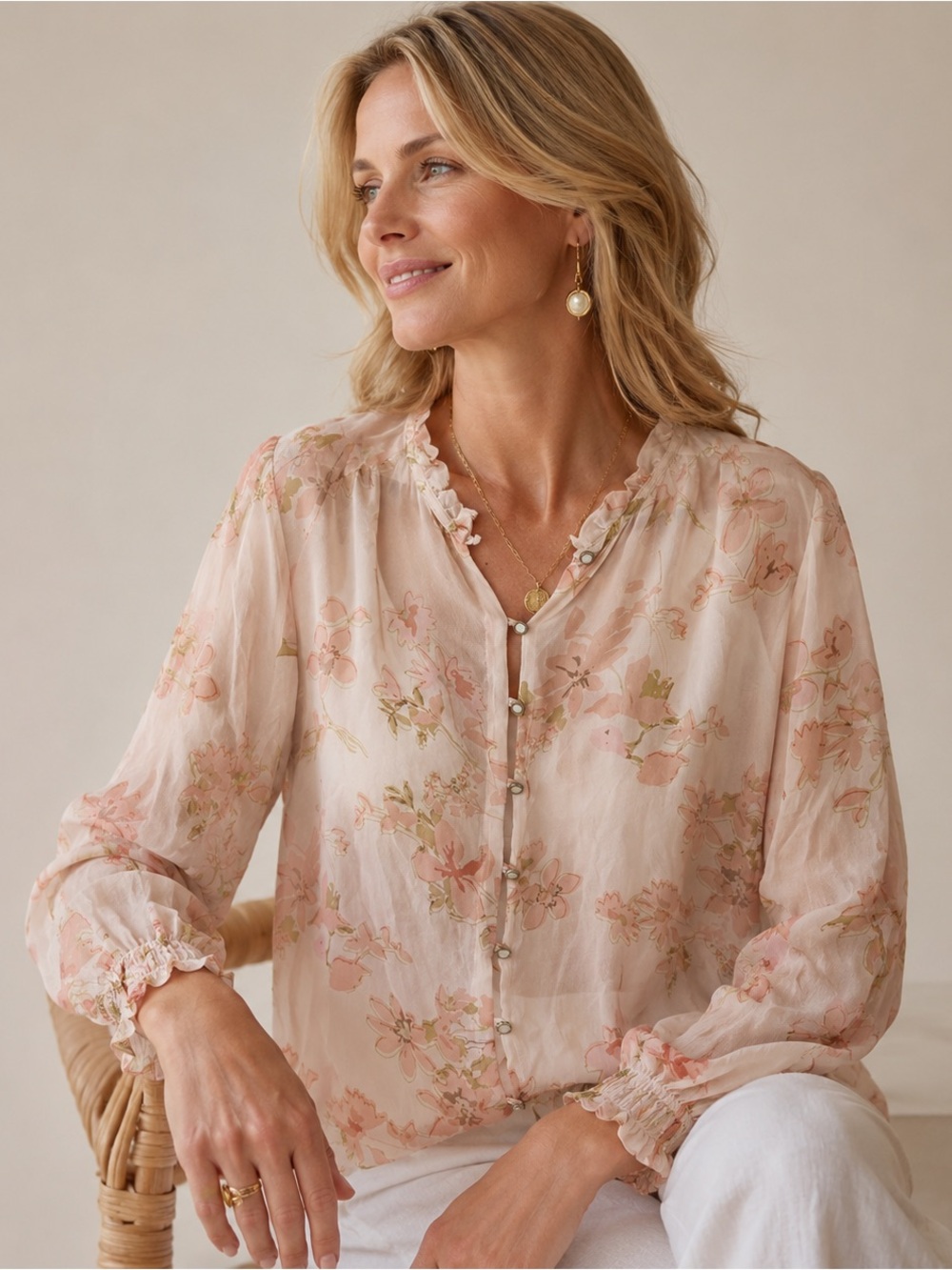 Spartina 449 Silk Floral Button Front Blouse Ruffle Feminine Sheer Size XL